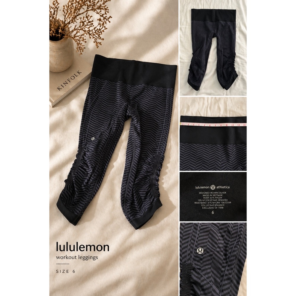 Lululemon In The Flow Crop II Leggings Ruched Chevron Black Gray Size 6